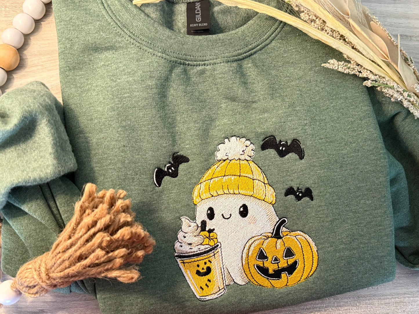 Embroidered Ghost w/coffee Crewneck